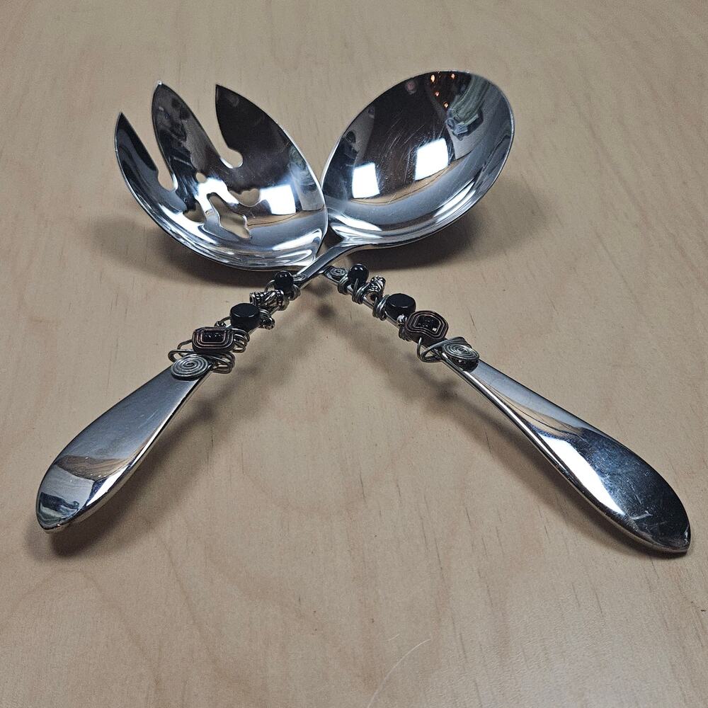 RARE Gorham 18/10 Stainless Wired beaded salad serving utensils Silver and Black